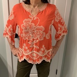 Salmon / white embroiled floral blouse